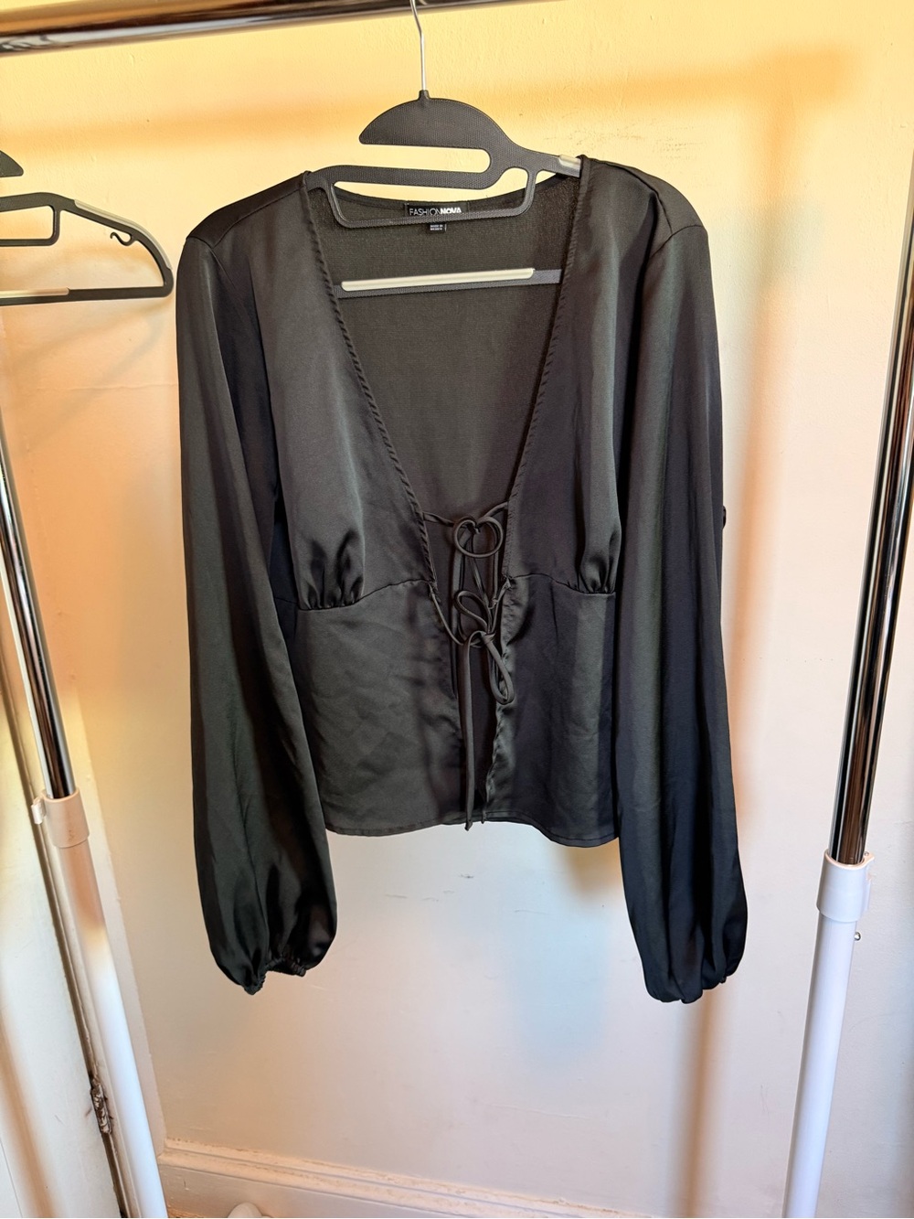 Fashion Nova Black Satin Lace-Up V-Neck Long Sleeve Top